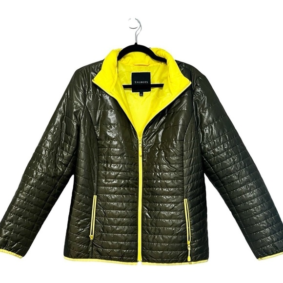 TALBOTS Quilted Puffer Lightweight Olive Green Yellow Jacket Sz L - Picture 2 of 6